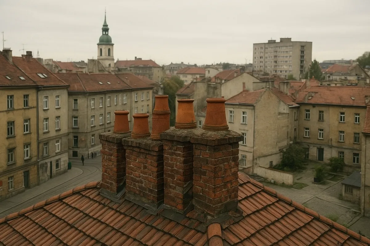 Dimnjaci na crijepom pokrivenom krovu stare zgrade - Zagreb