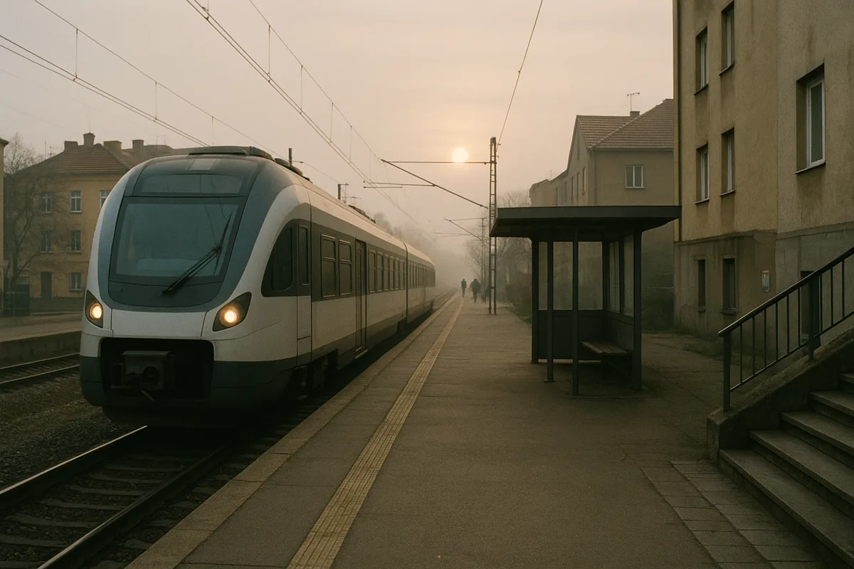 Prigradski vlak na peronu male stanice ujutro - Zagreb