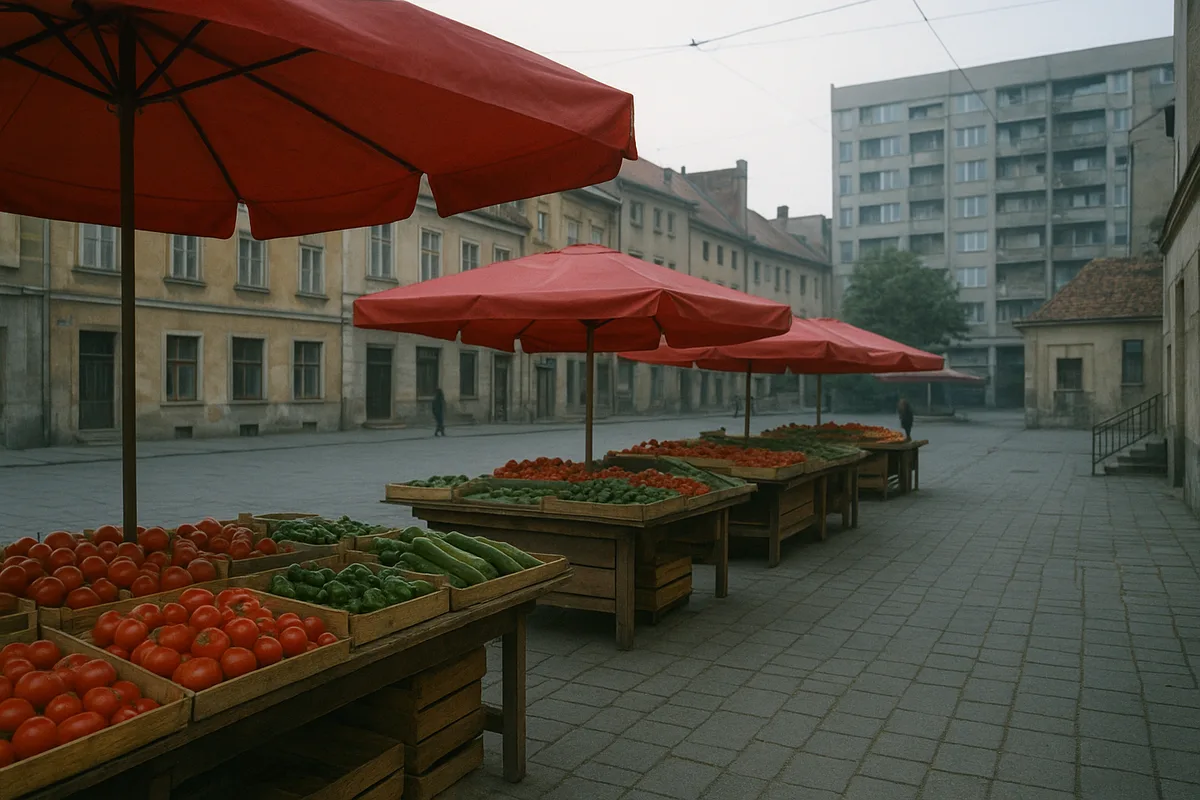 Štandovi s povrćem pod crvenim suncobranima - Zagreb