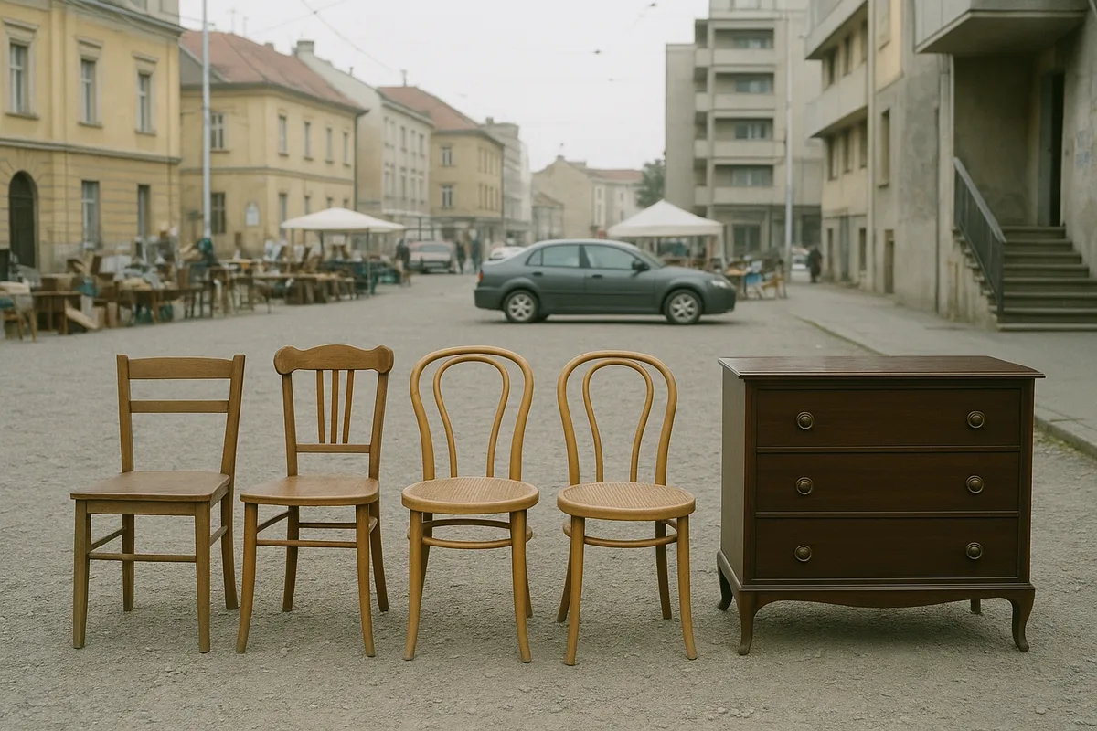 Stari drveni stolci i komoda na sajmu - Zagreb