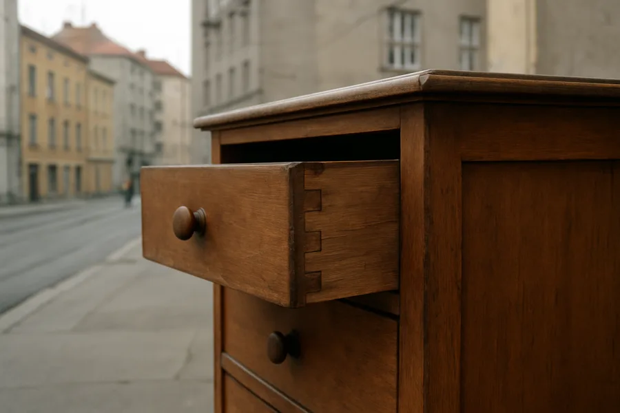 Ladica izvučena iz stare komode s vidljivim spojevima - Zagreb