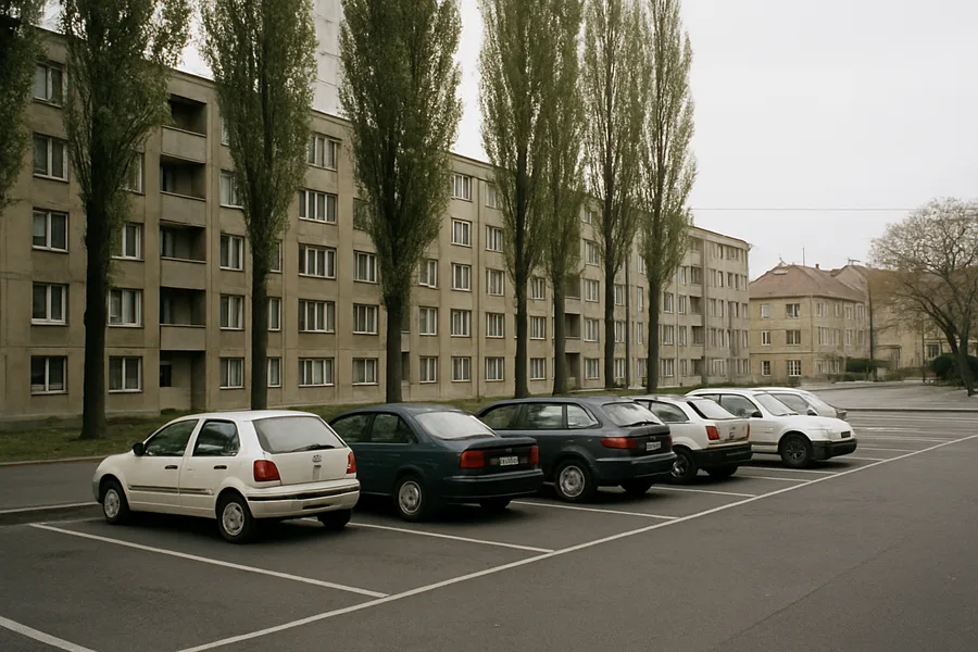Parkiralište ispred stambenog bloka s drvoredom - Zagreb