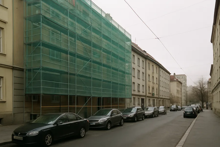 Skela na fasadi stambene zgrade uz ulicu - Zagreb