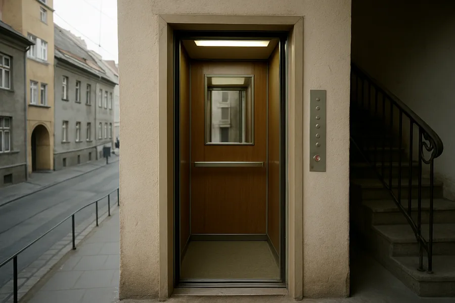 Uski lift s otvorenim vratima u starijoj zgradi - Zagreb